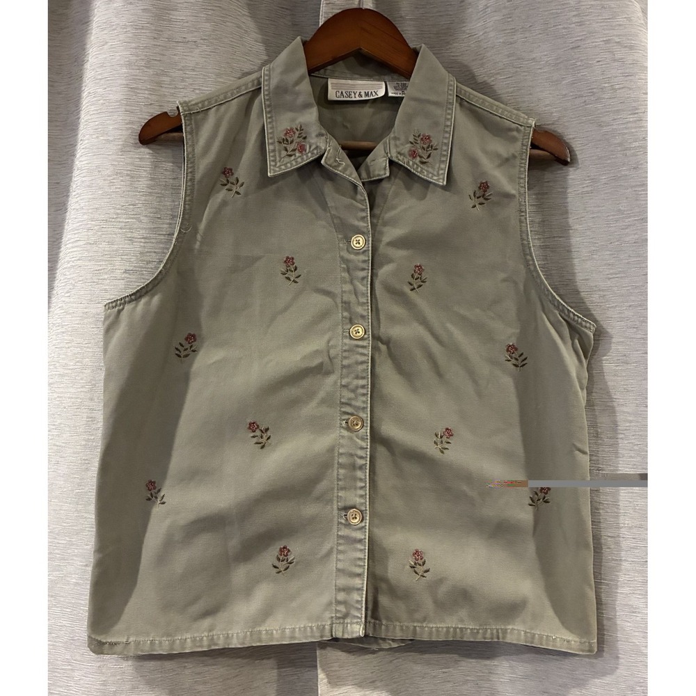 Vintage Casey & Max Vest‎ Women's M Green Denim Floral Embroidered Cottagecore